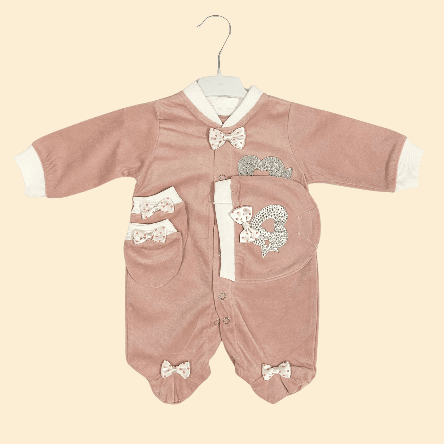 Baby Heart Design Fancy Velvet Romper Set (3 pcs pack)