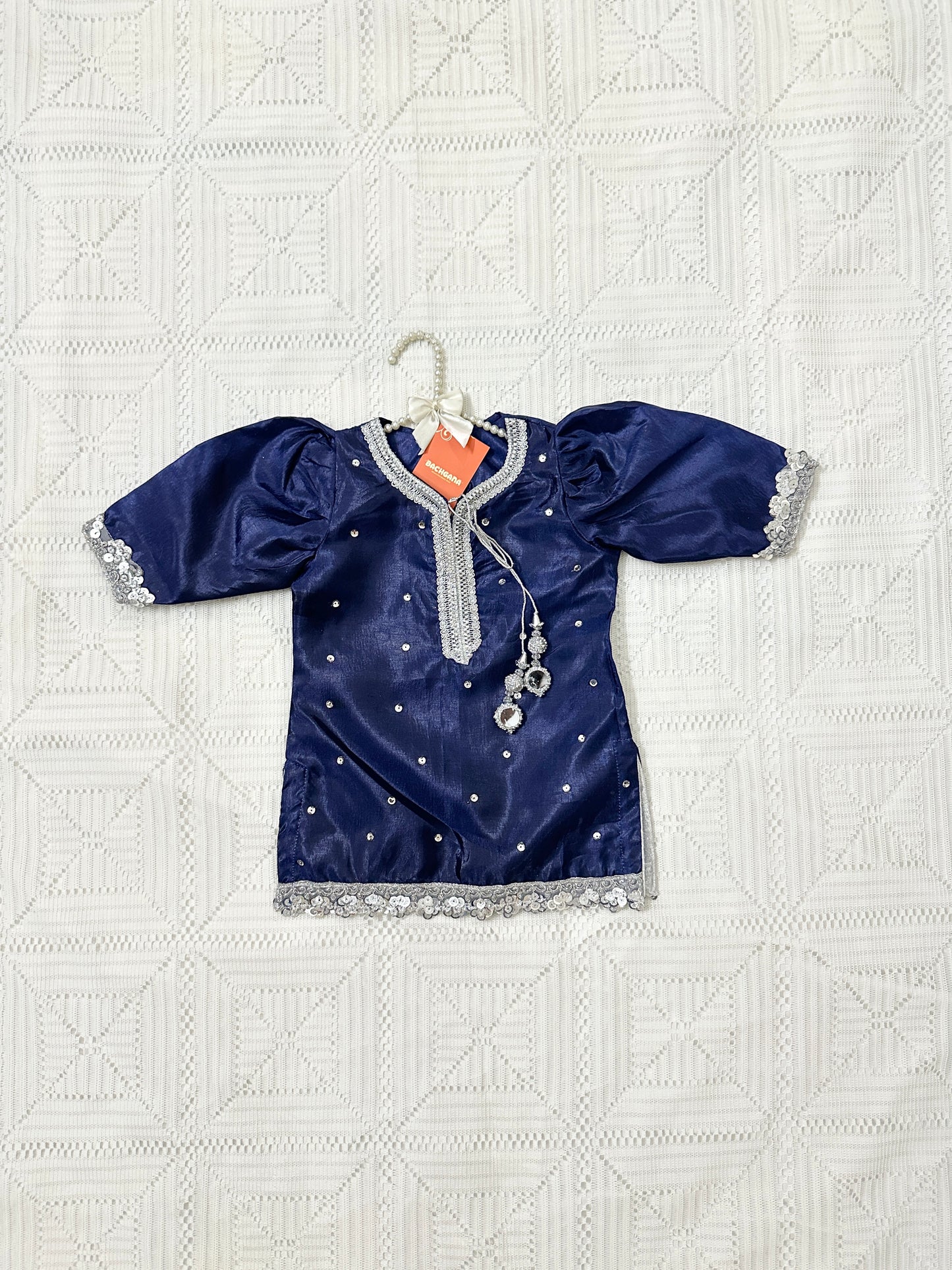 Blue and Silver Silk Shirt with Trouser and Net Dupatta
