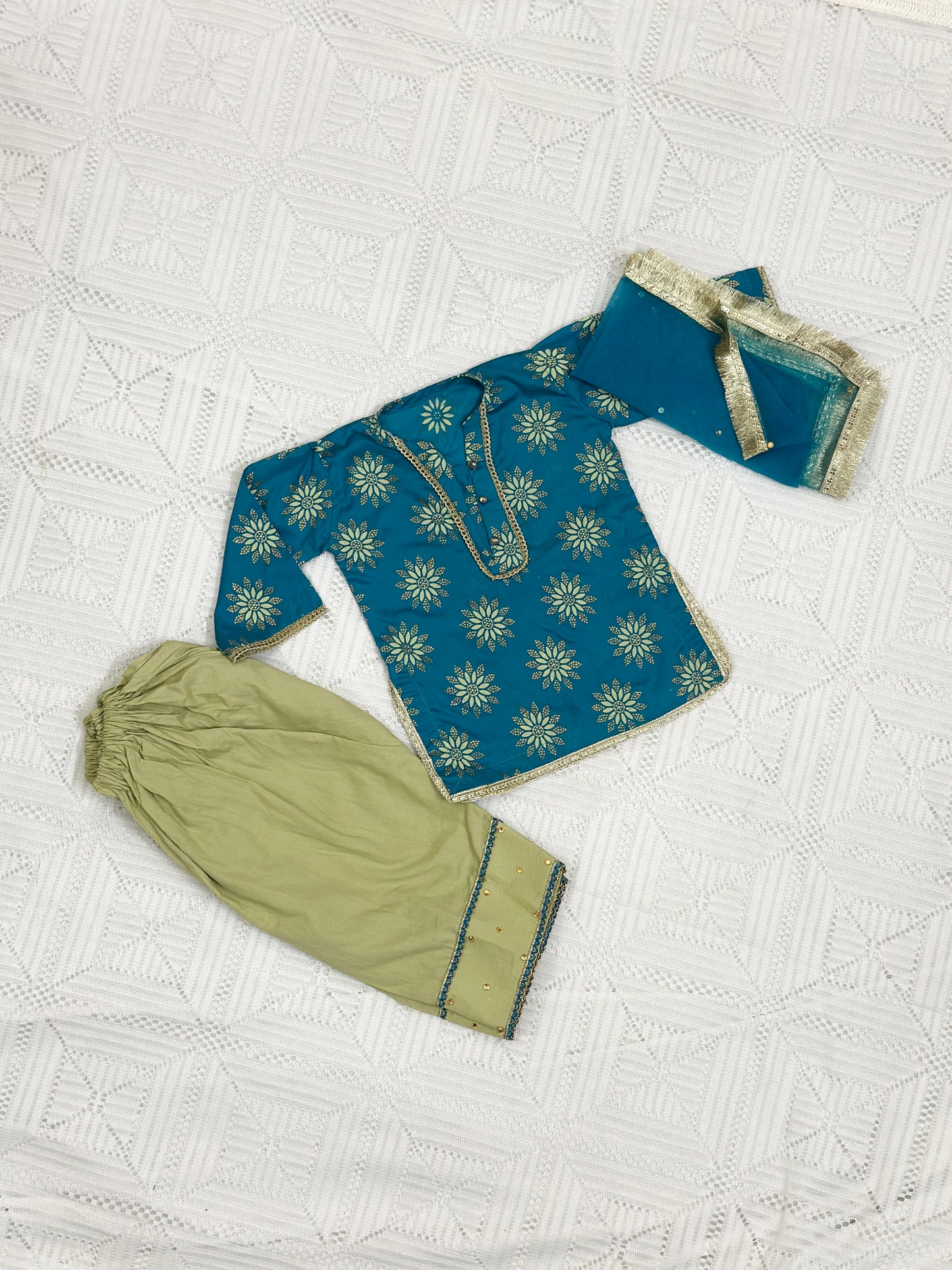 Blue Glittered Shirt with Farshi Shalwar and Dupatta - D1