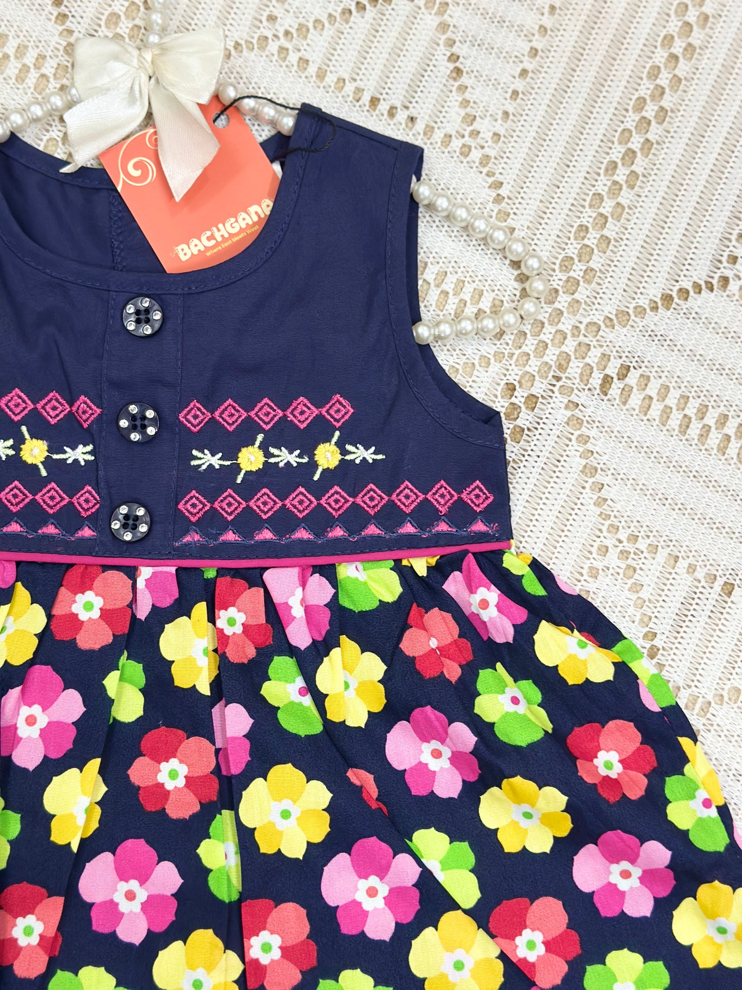 Navy Blue Flowers Design Cotton Frock