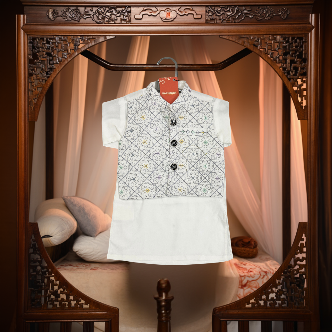 White Kurta Shalwar with Stars Embroidered Waistcoat