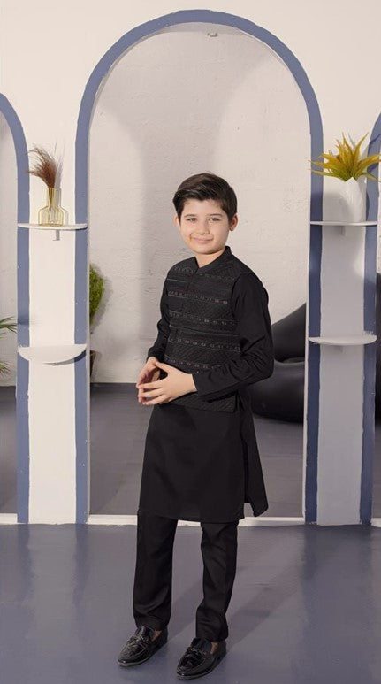 Black Kurta Shalwar with Premium Embroidered Waistcoat - New