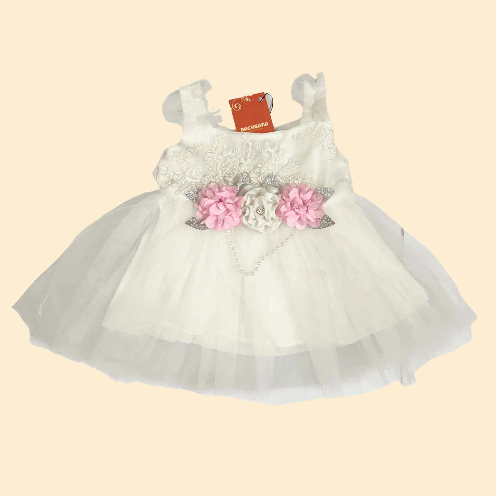 Floral Embroidery White Fancy Frock Set (5 piece set) - D1