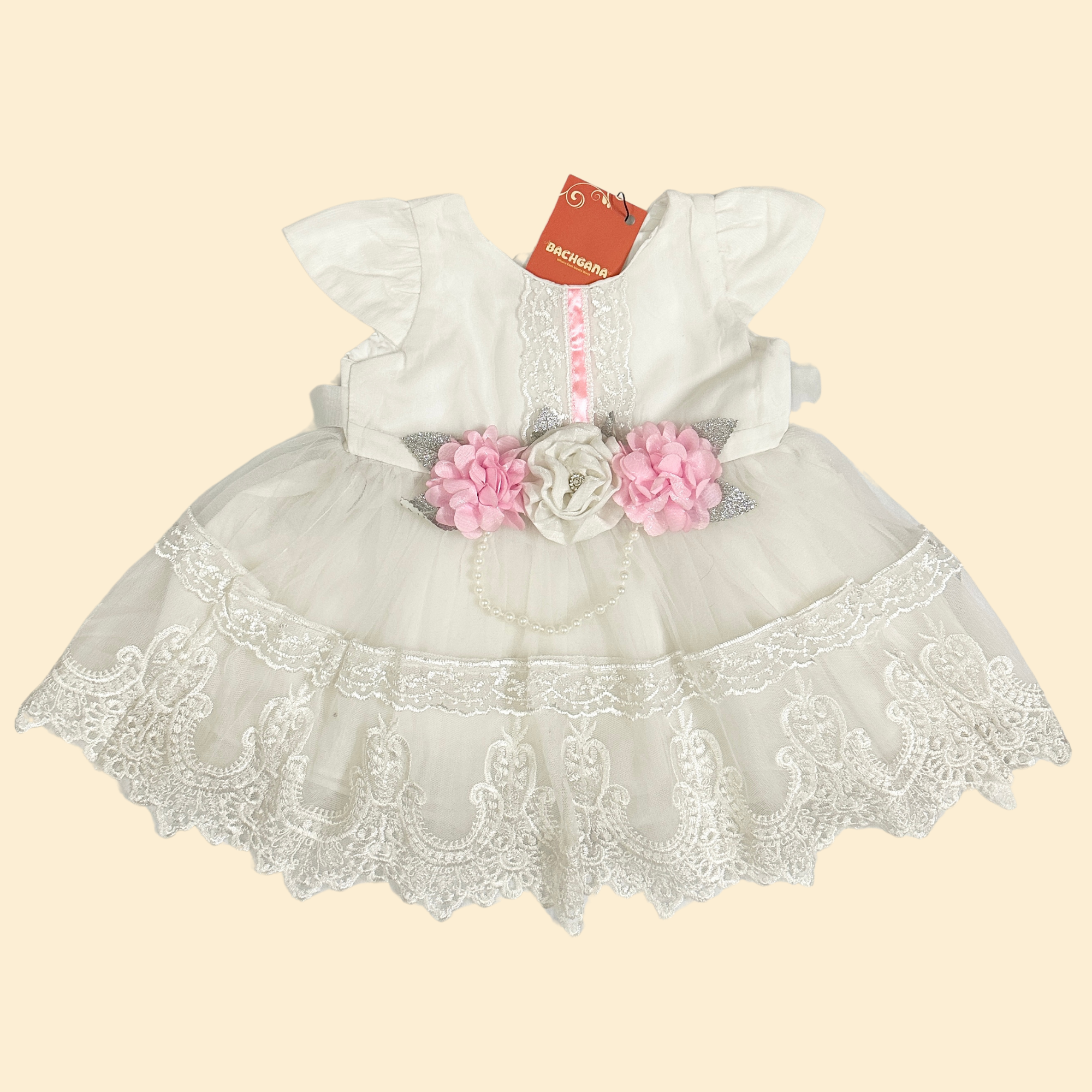 Floral Embroidery White Fancy Frock Set (5 piece set) - D2