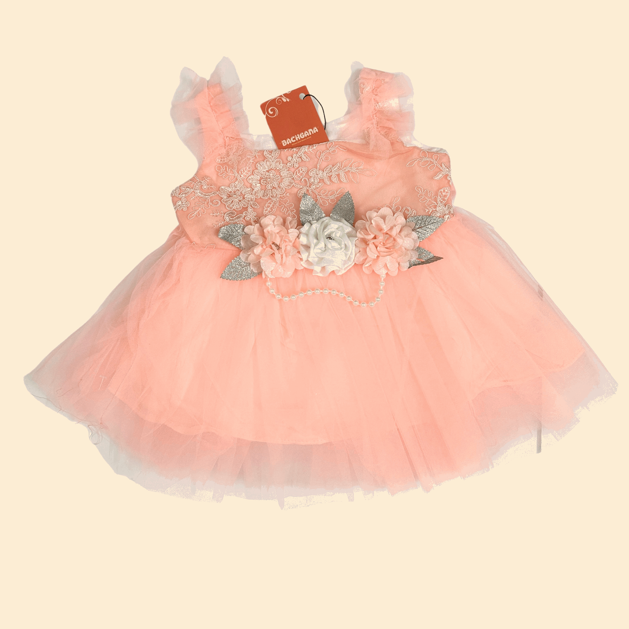Floral Embroidery Peach Fancy Frock Set (5 piece set)