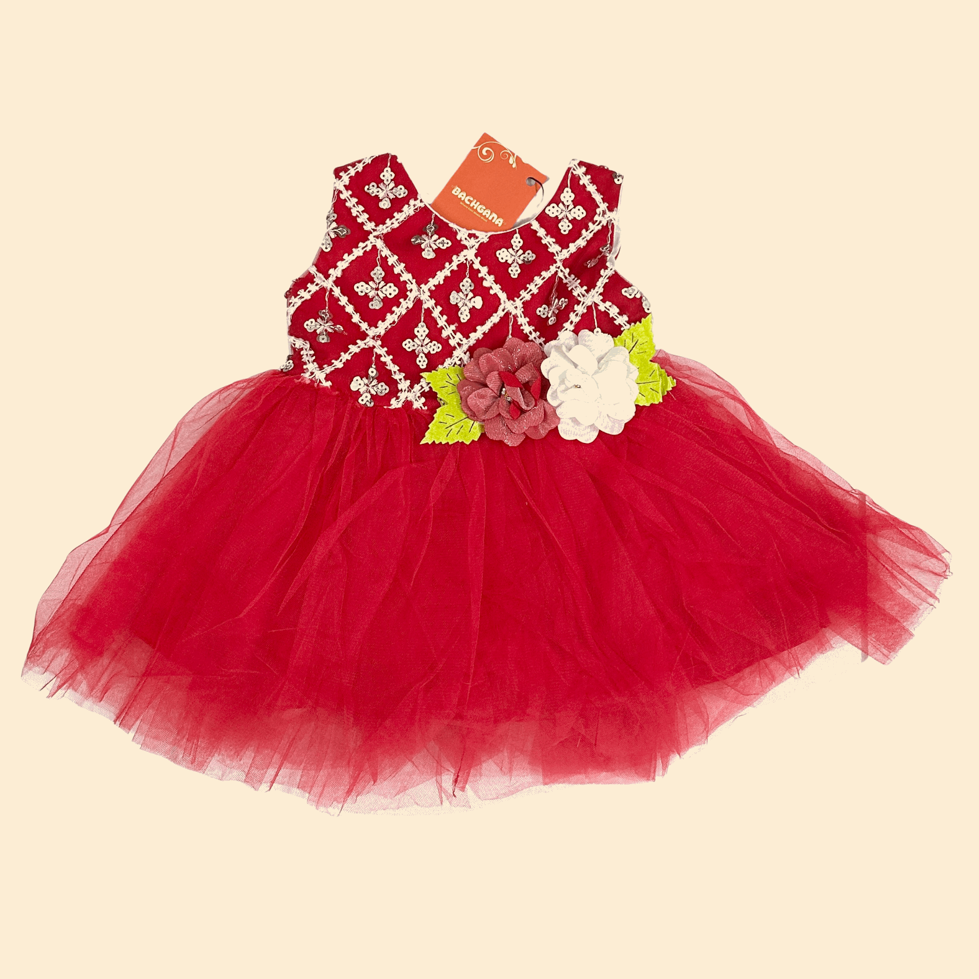 Floral Sequin Red Fancy Frock Set (5 piece set)