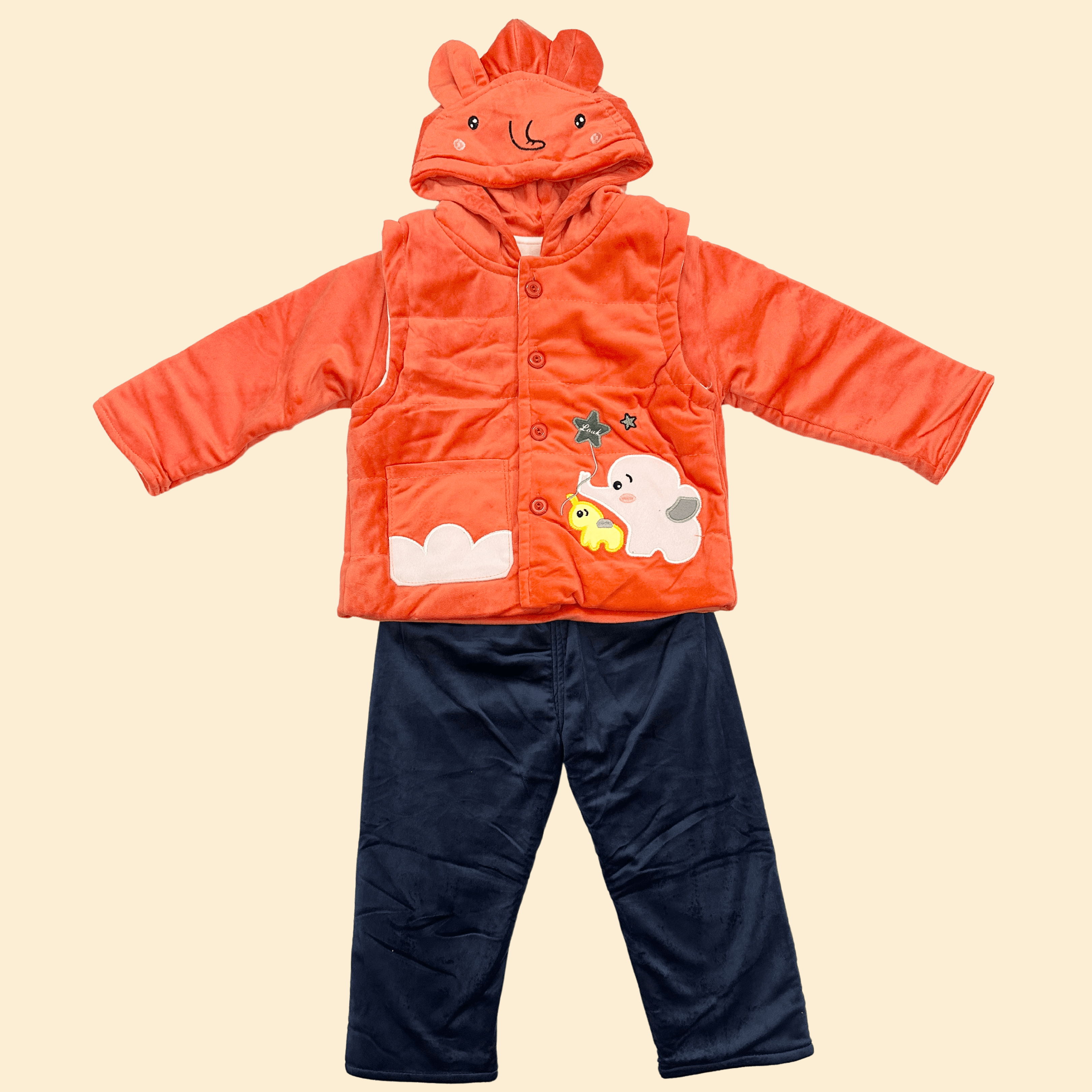 Baby Elephant Design Velvet Suit (3 piece)