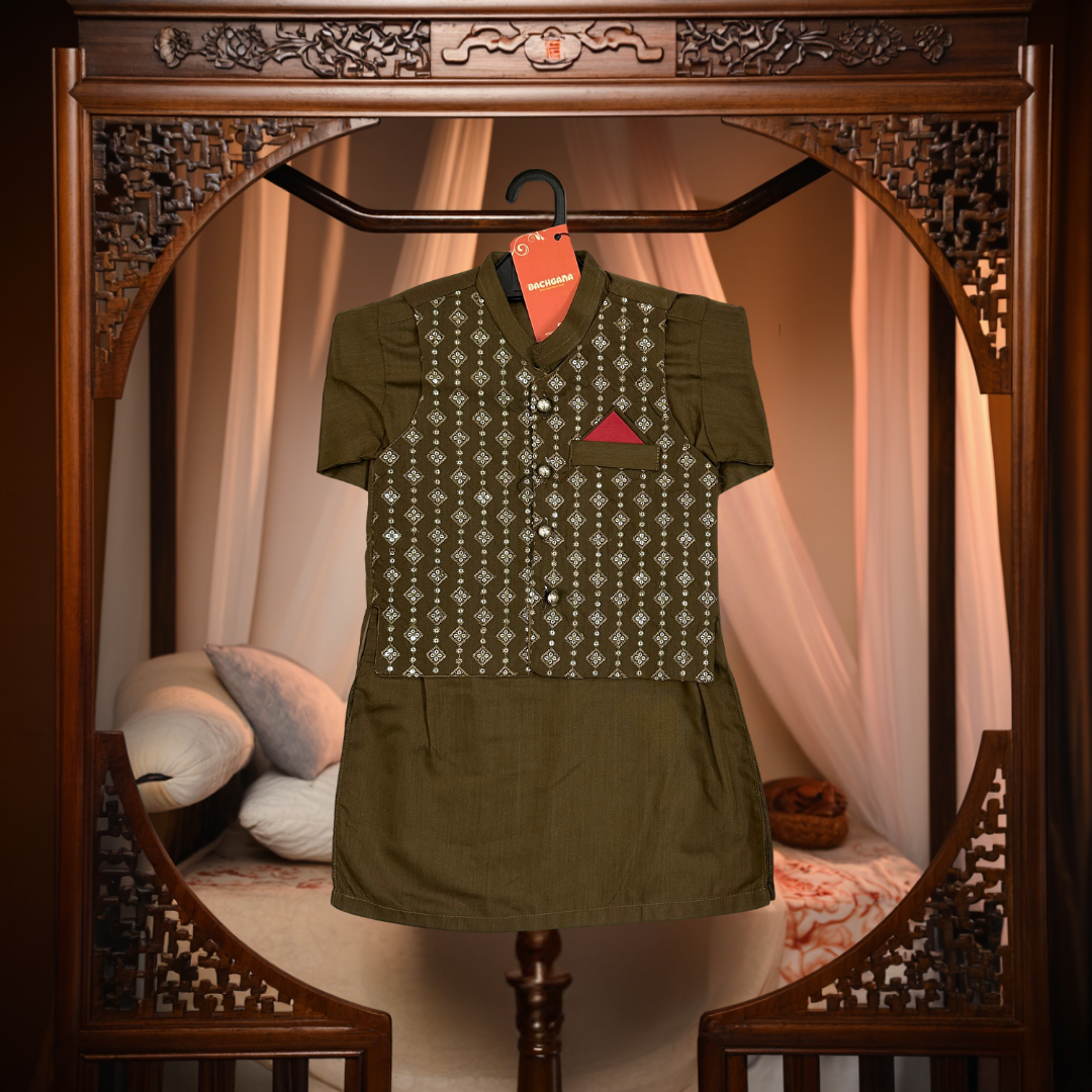 Olive Green Kurta Shalwar with Fancy Waistcoat