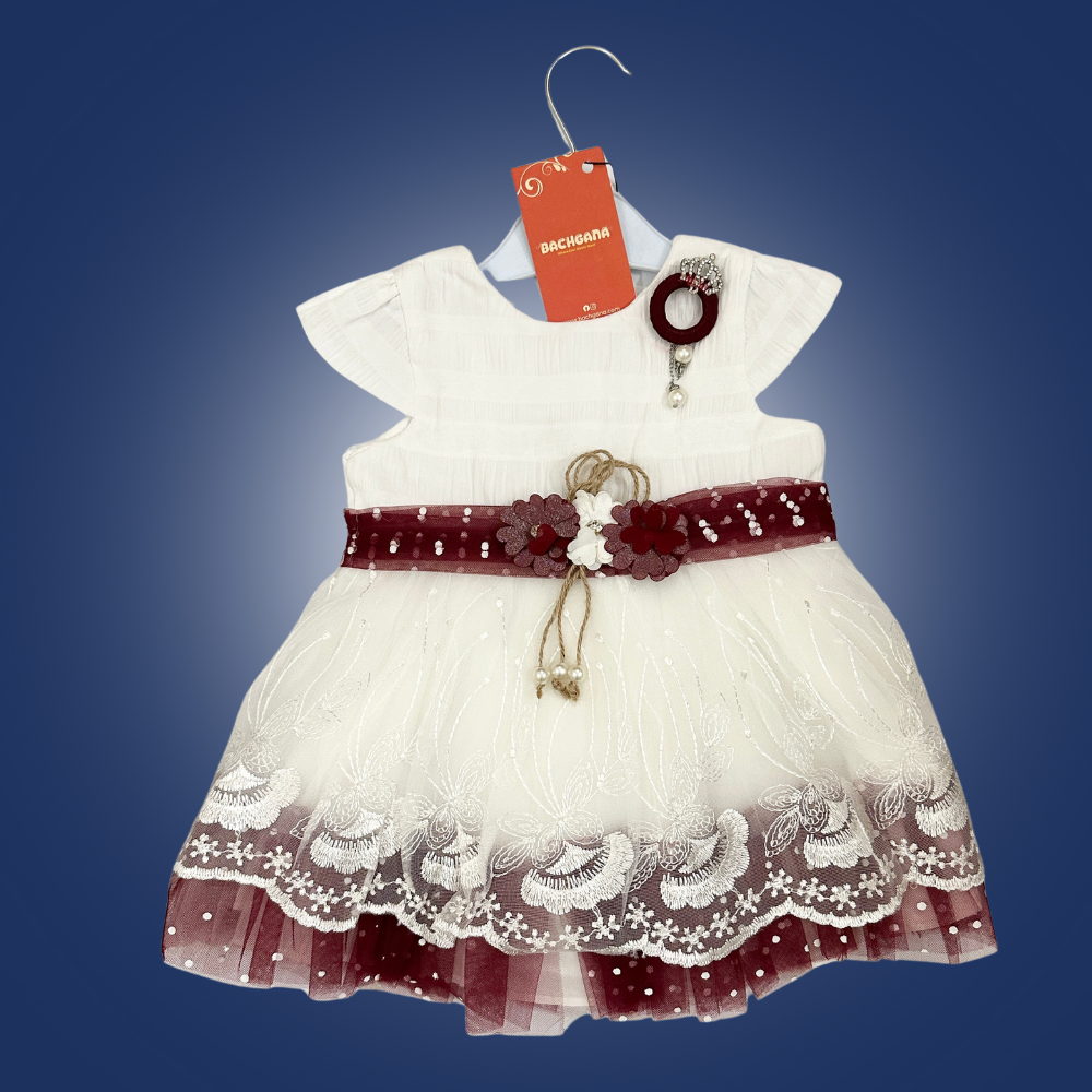 Crown Design Flower Embroidery White Frock