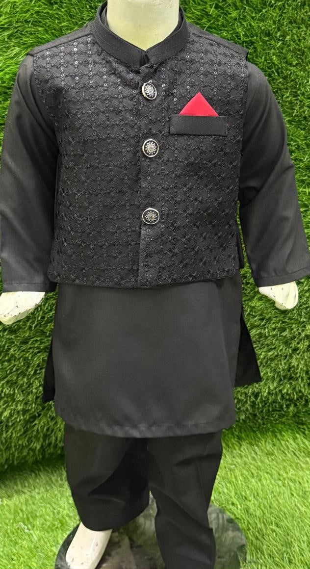 Black Kurta Shalwar with Fancy Waistcoat - New