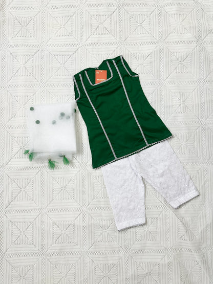 Green Shirt with White ChikenKari Trouser and Net Dupatta