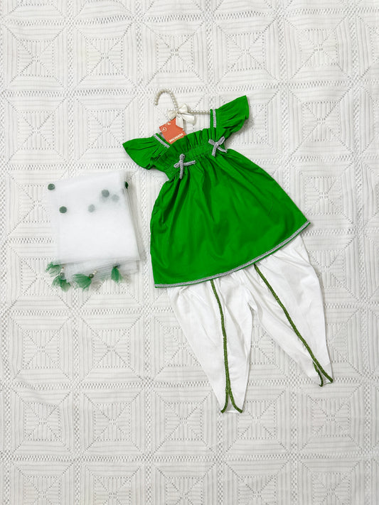 Light Green Elastic Yoke Frock with White Tulip Shalwar and Net Dupatta