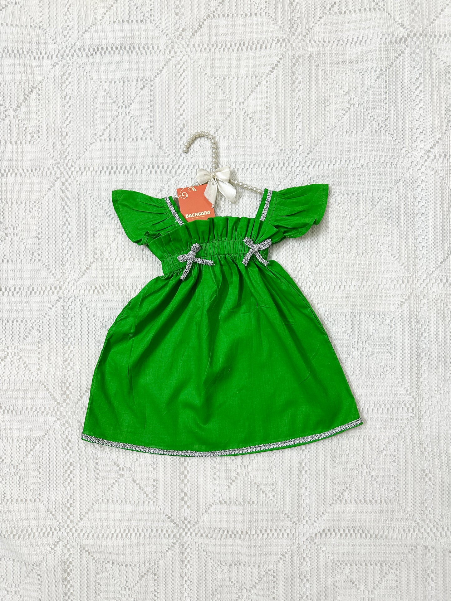 Light Green Elastic Yoke Frock with White Tulip Shalwar and Net Dupatta