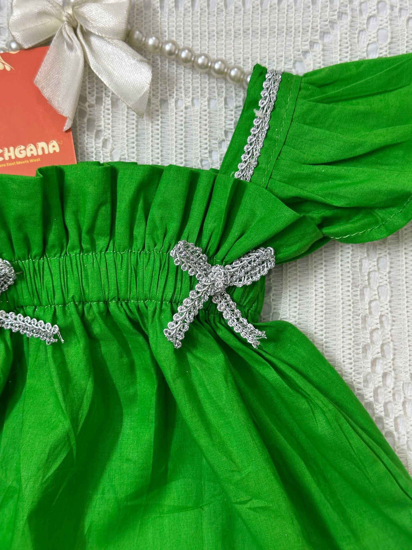 Light Green Elastic Yoke Frock with White Tulip Shalwar and Net Dupatta