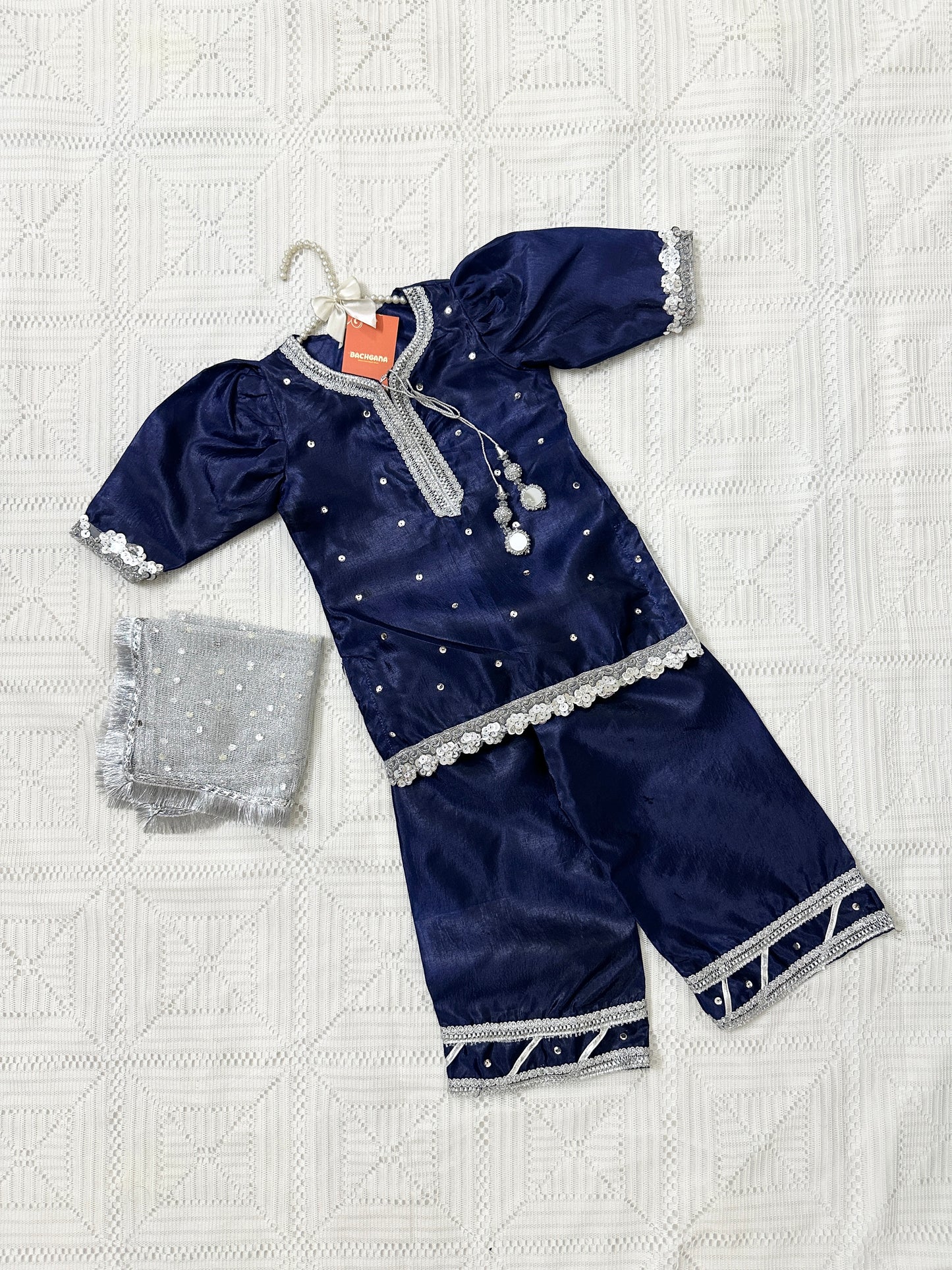 Blue Silk Shirt with Trouser and Net Dupatta