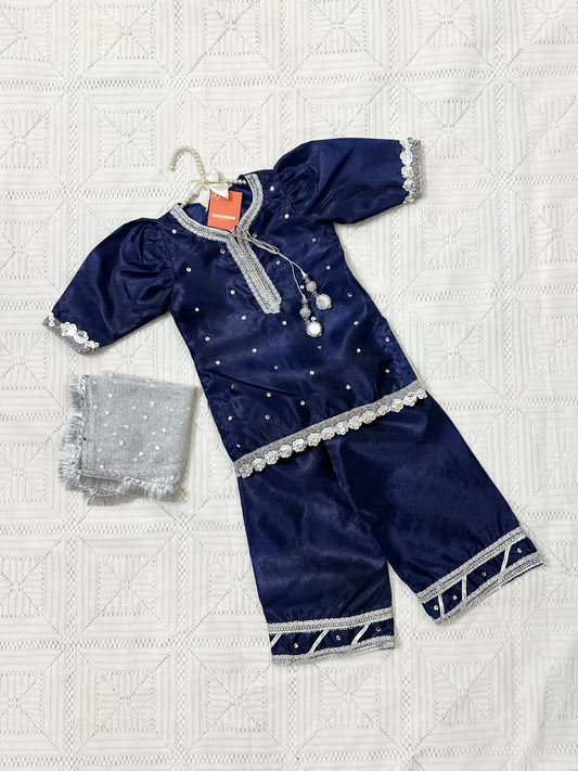 Blue Silk Shirt with Trouser and Net Dupatta