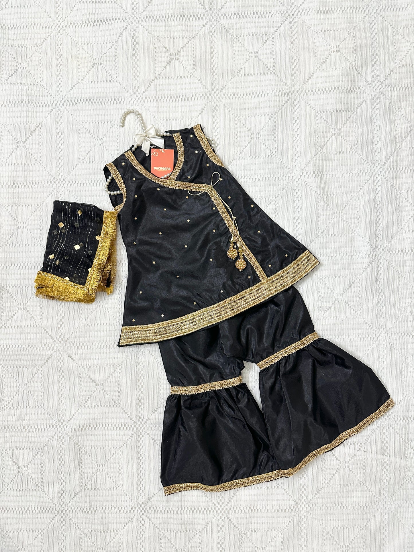 Black and Gold Silk Angrakha with Gharara and Shiffon Dupatta