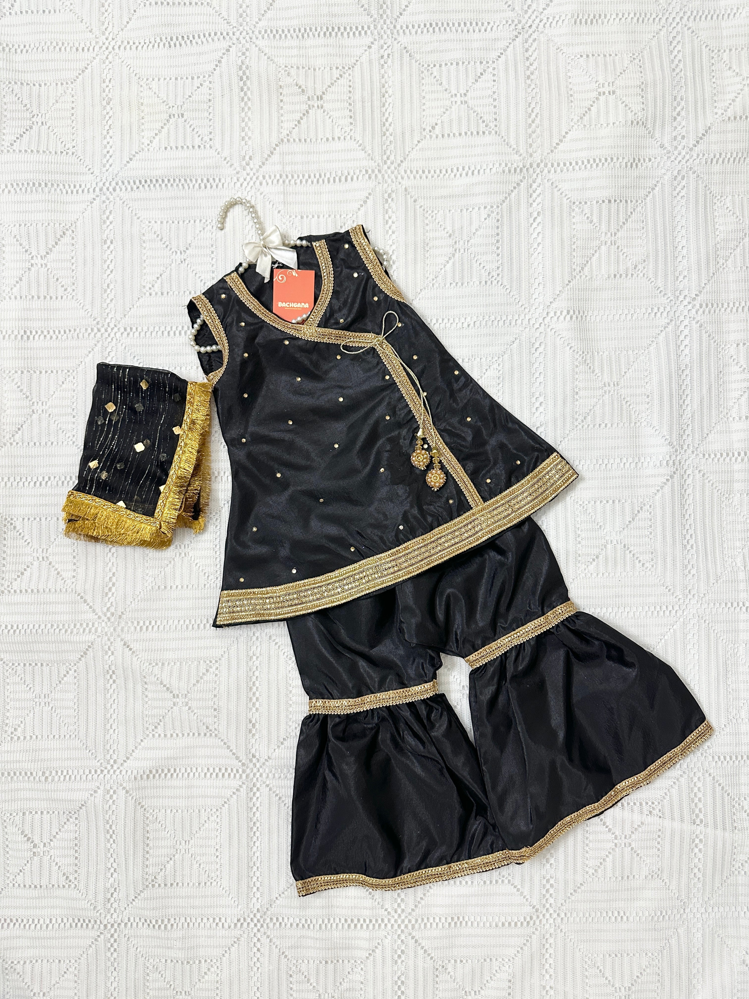 Black and Gold Silk Angrakha with Gharara and Shiffon Dupatta