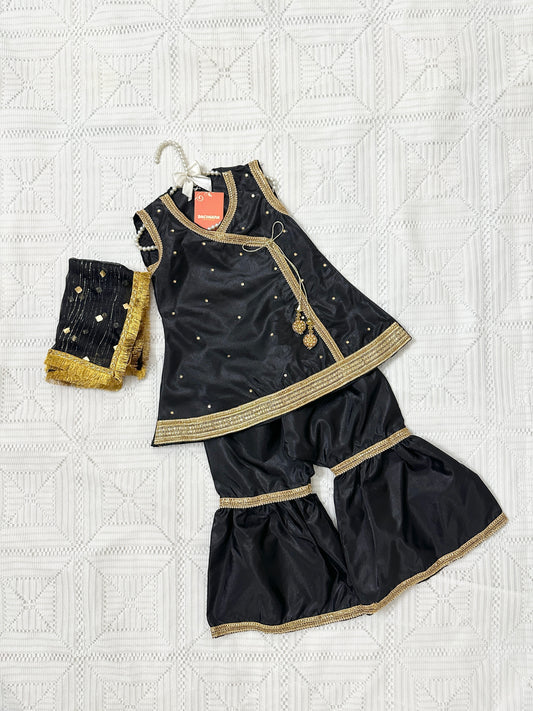 Black and Gold Silk Angrakha with Gharara and Shiffon Dupatta