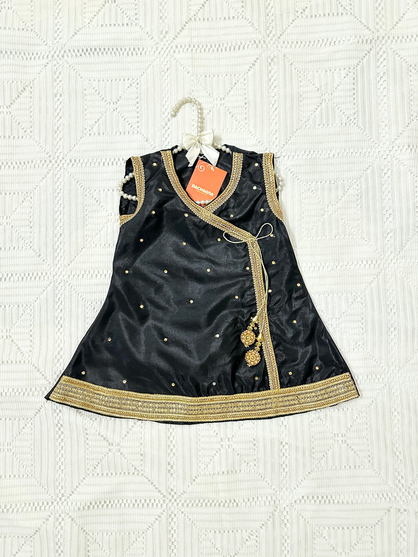 Black and Gold Silk Angrakha with Gharara and Shiffon Dupatta