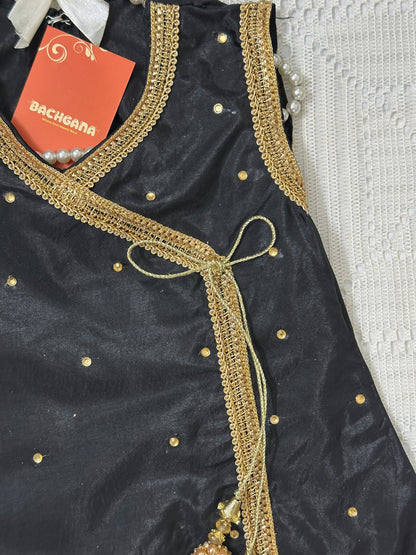Black and Gold Silk Angrakha with Gharara and Shiffon Dupatta