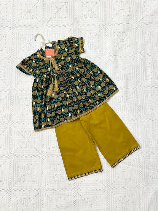 Golden Printed Black Frock with Mustard Trouser