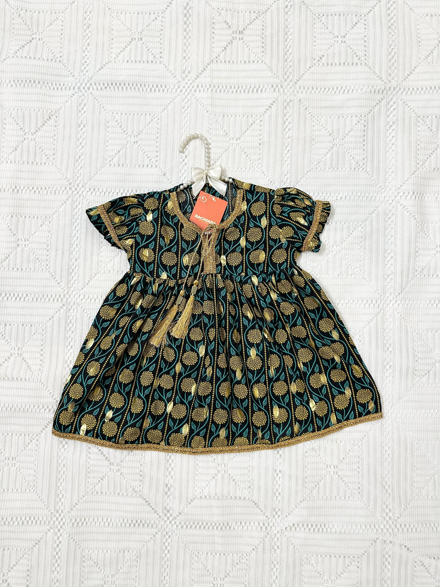 Golden Printed Black Frock with Mustard Trouser