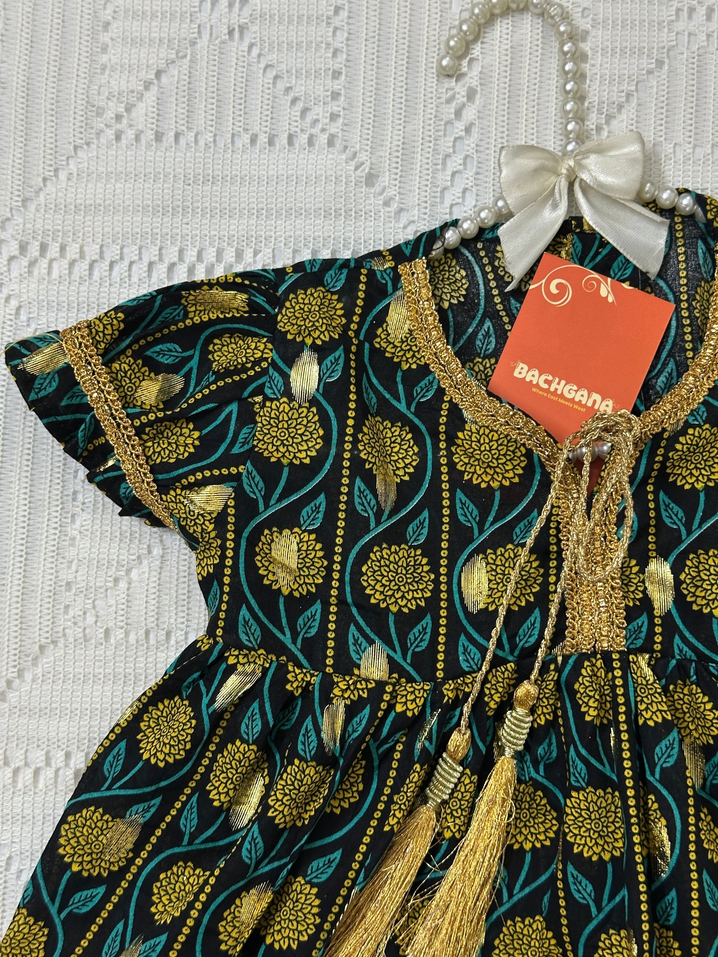 Golden Printed Black Frock with Mustard Trouser