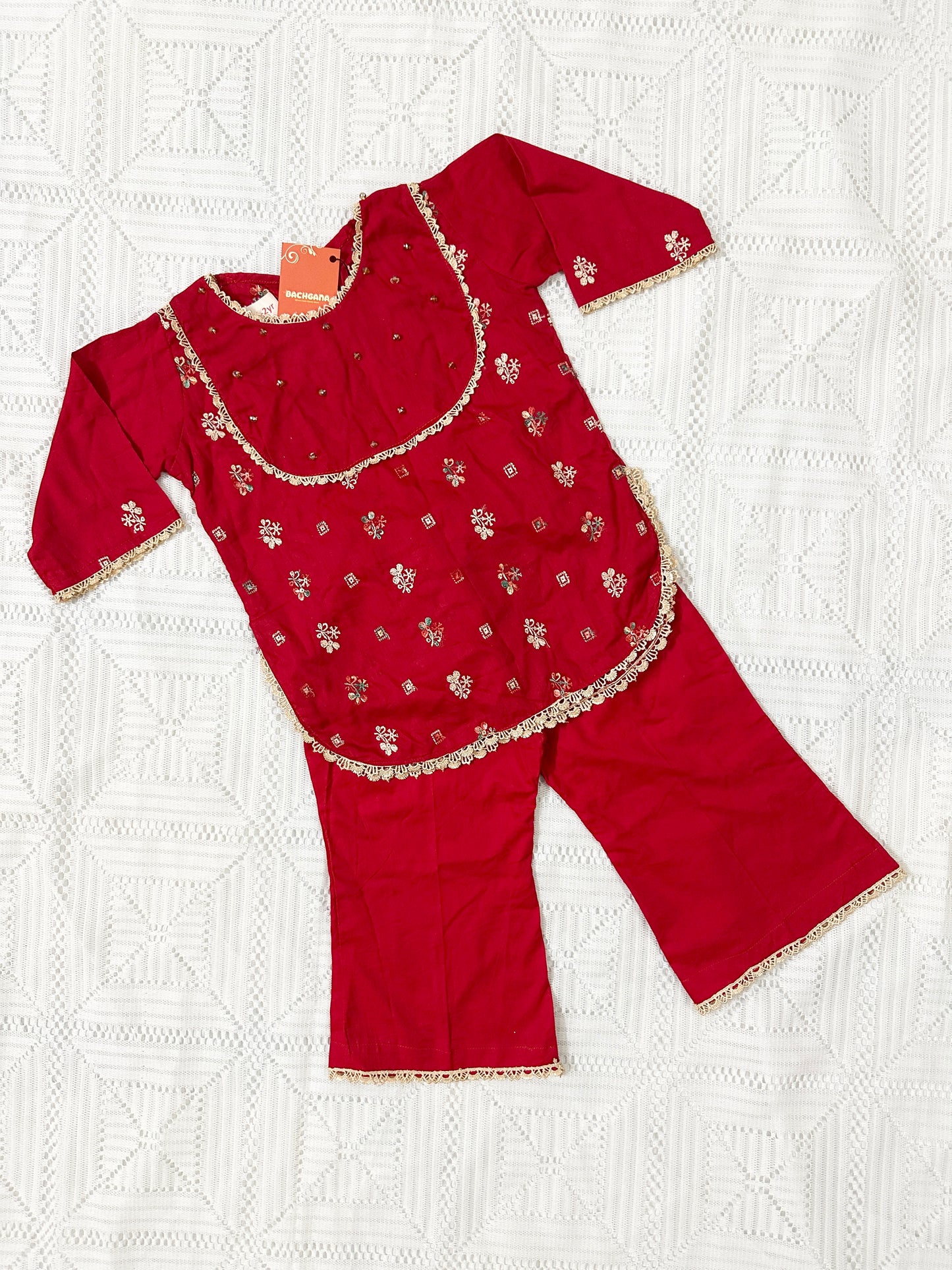 Red Embroidered Shirt with Bell Bottom Trouser