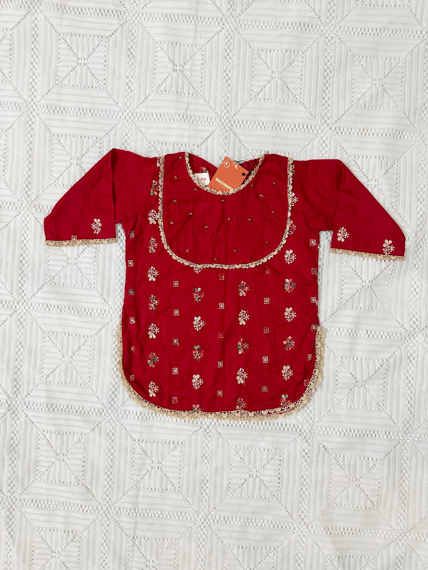 Red Embroidered Shirt with Bell Bottom Trouser