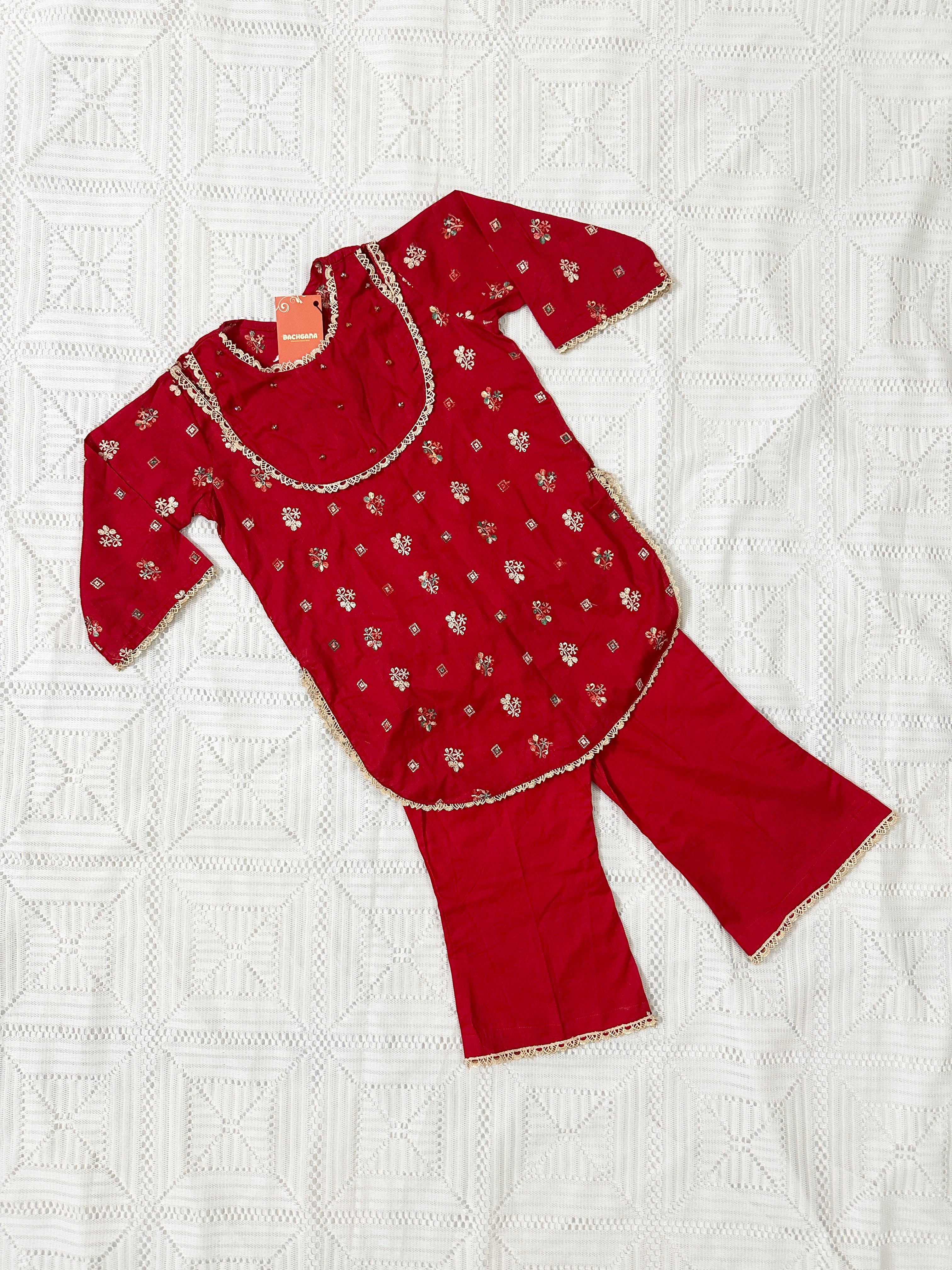 Red Embroidered Shirt with Bell Bottom Trouser