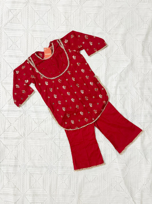 Red Embroidered Shirt with Bell Bottom Trouser