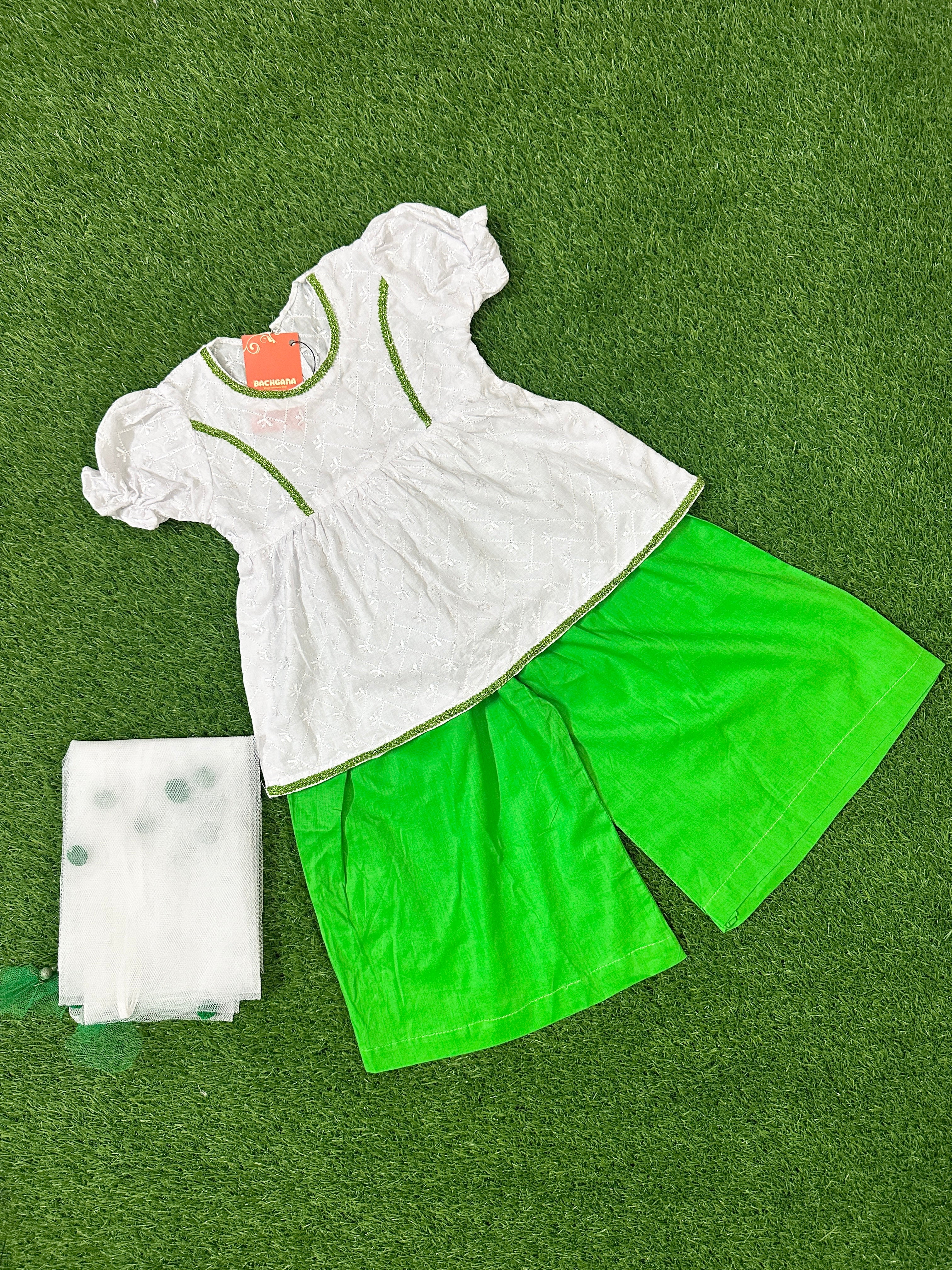 White Chikenkari Shirt with Green Plazo and Net Dupatta