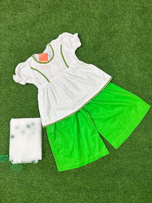 White Chikenkari Shirt with Green Plazo and Net Dupatta