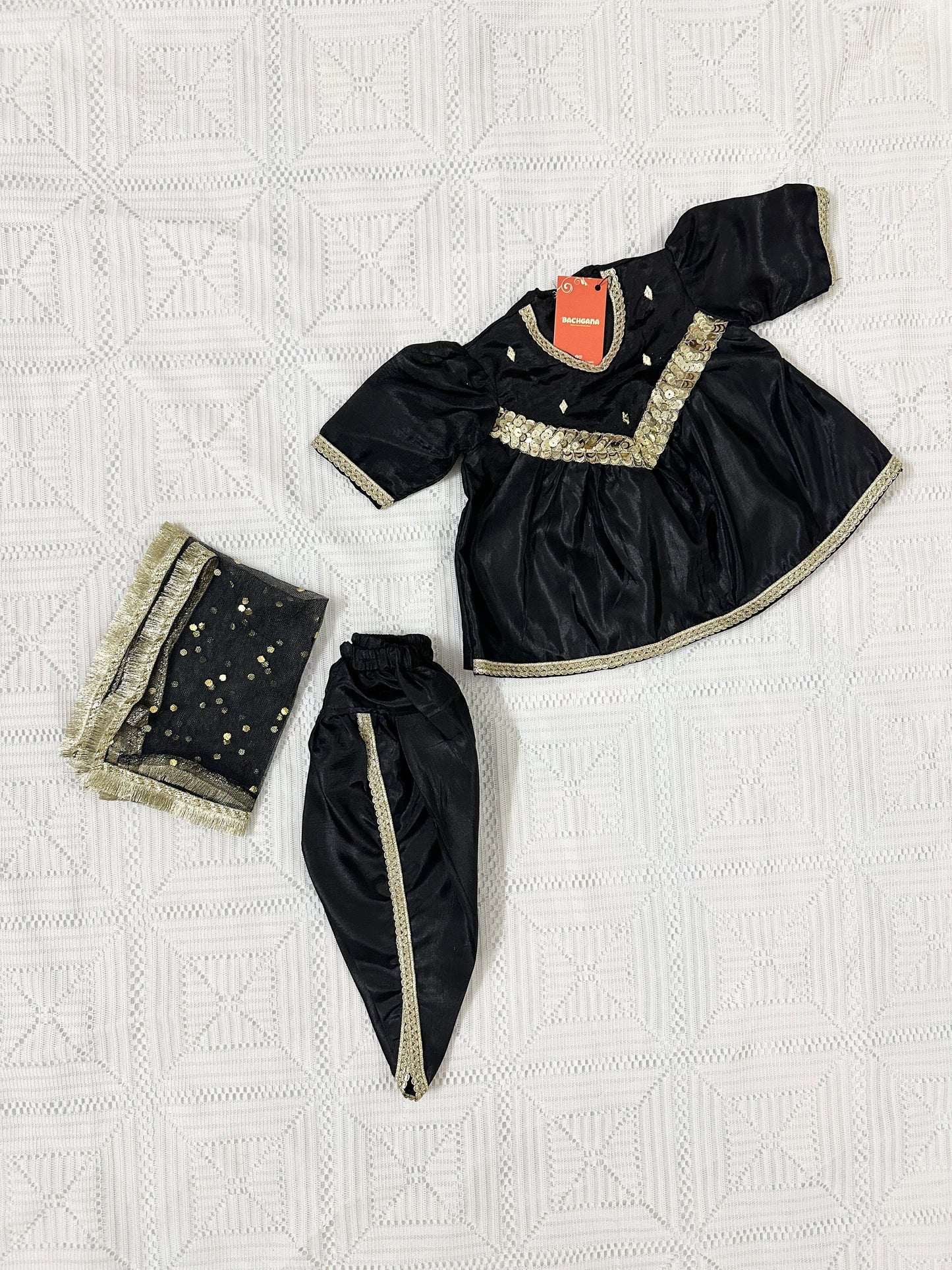 Black Silk V Yoke Frock with Tulip Shalwar and Net Dupatta