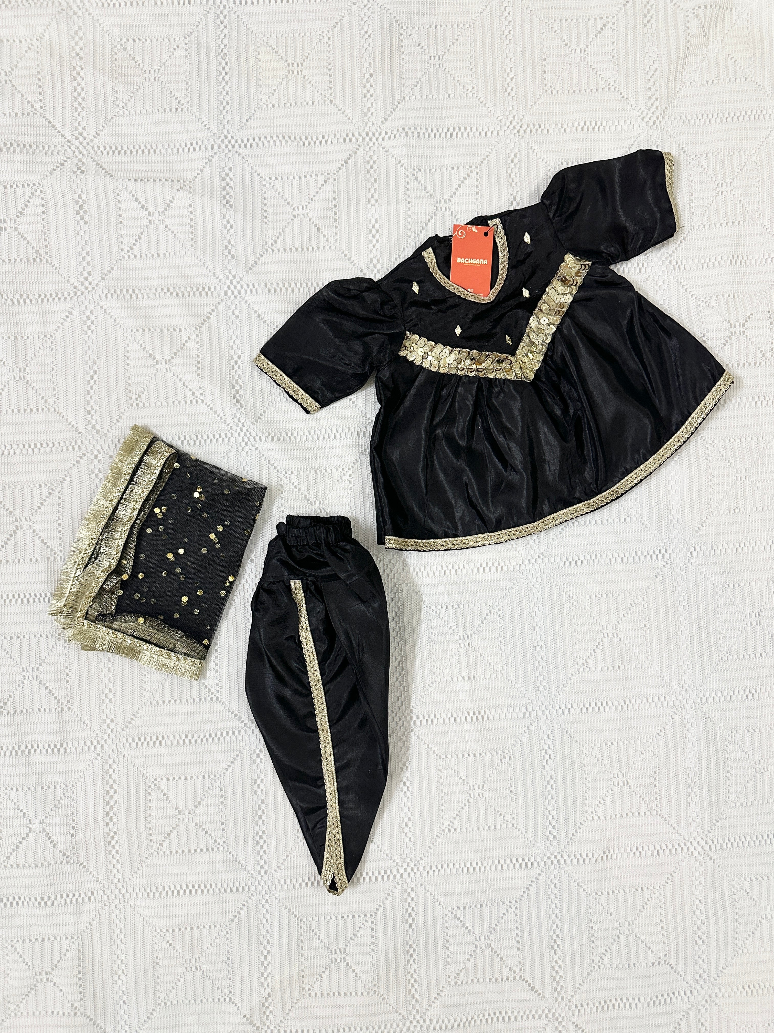 Black Silk V Yoke Frock with Tulip Shalwar and Net Dupatta
