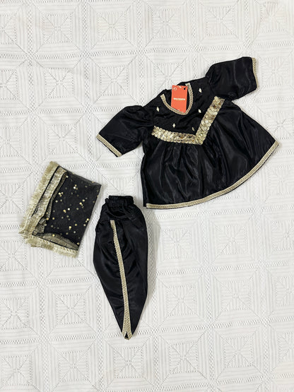 Black Silk V Yoke Frock with Tulip Shalwar and Net Dupatta