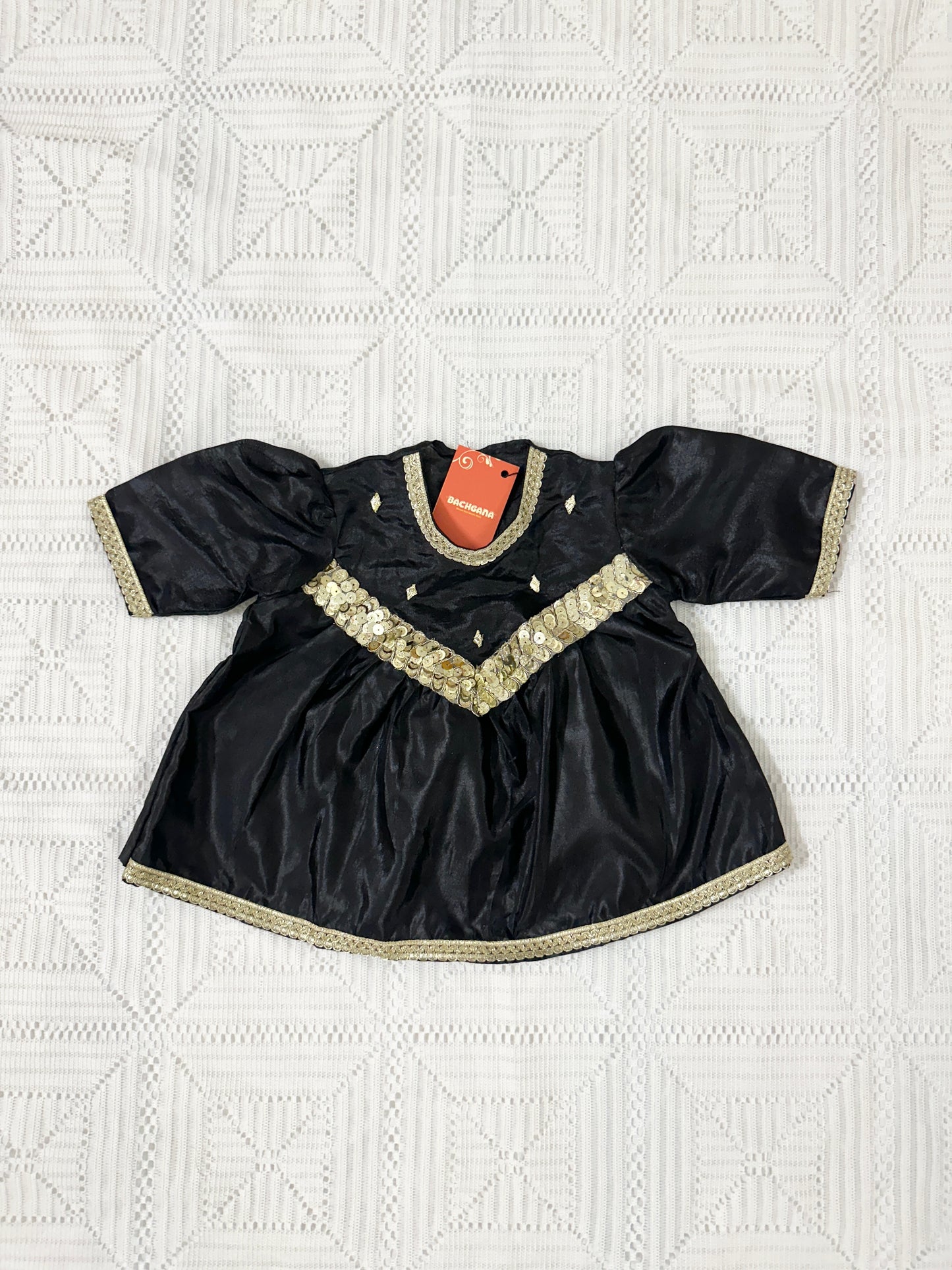 Black Silk V Yoke Frock with Tulip Shalwar and Net Dupatta