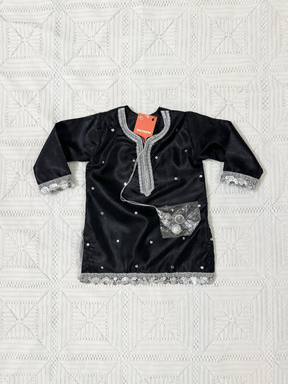 Black and Silver Silk Shirt with Trouser and Net Dupatta