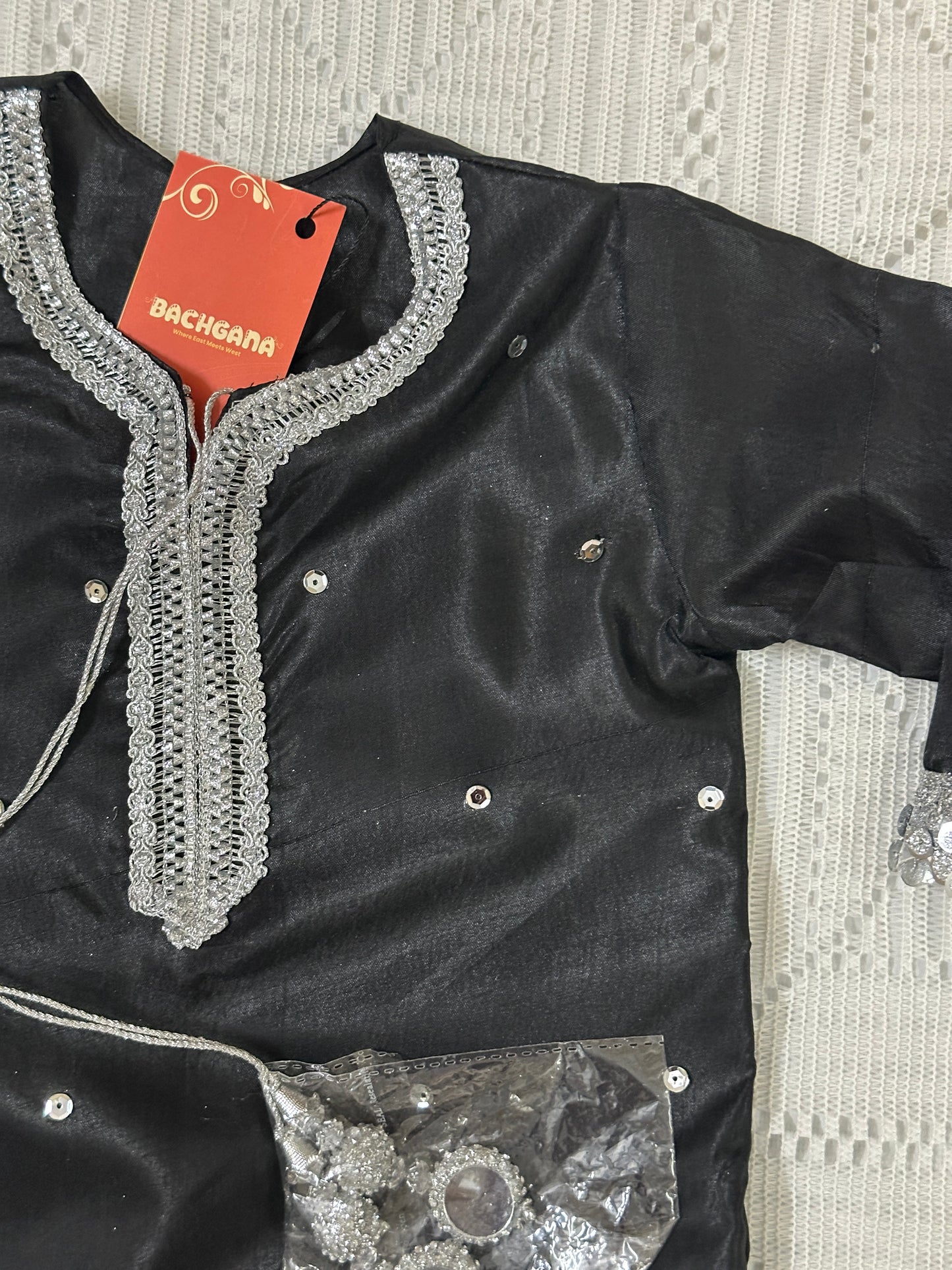 Black and Silver Silk Shirt with Trouser and Net Dupatta
