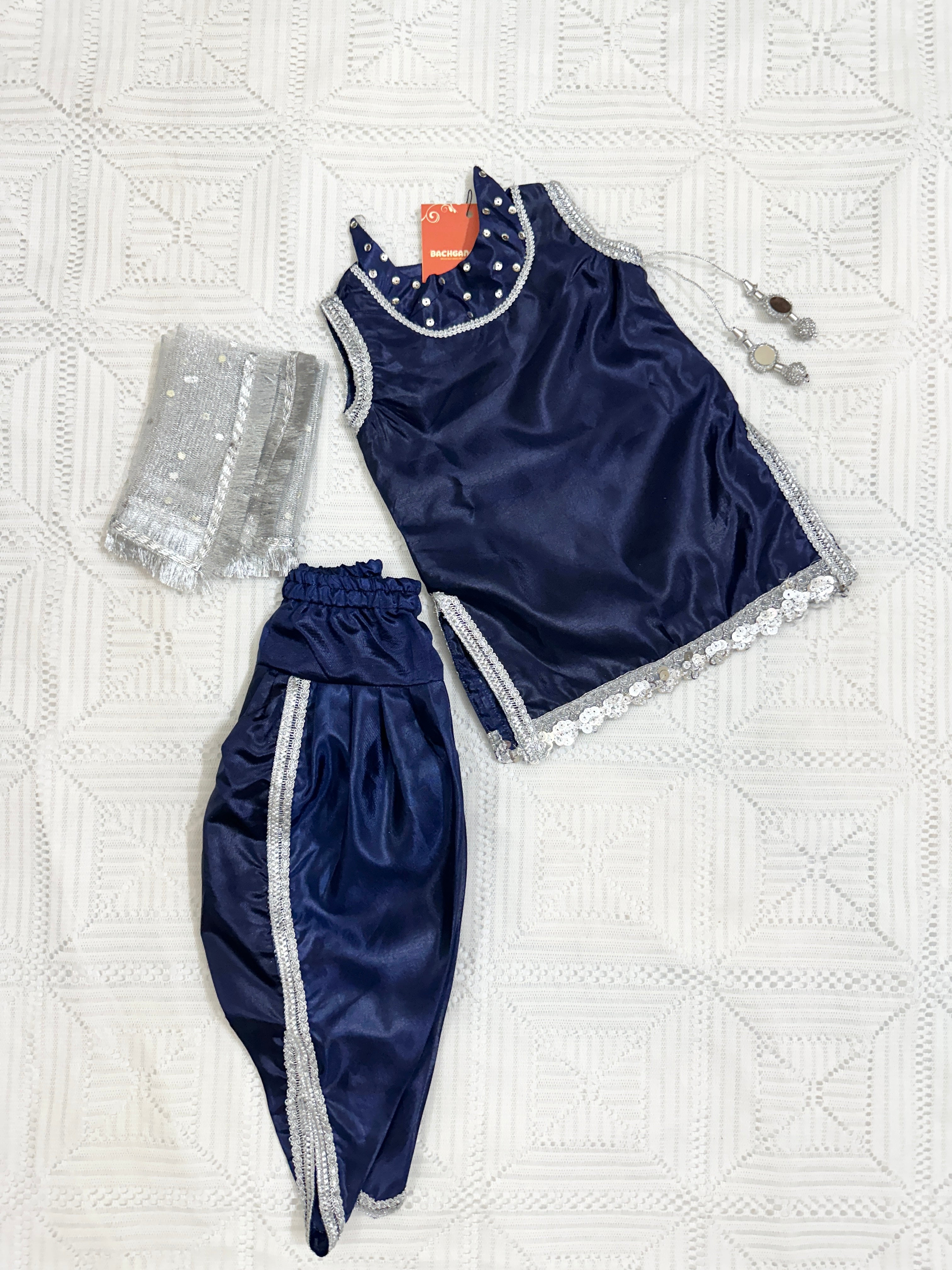Blue Silver Silk Shirt with Tulip Shalwar and Dupatta