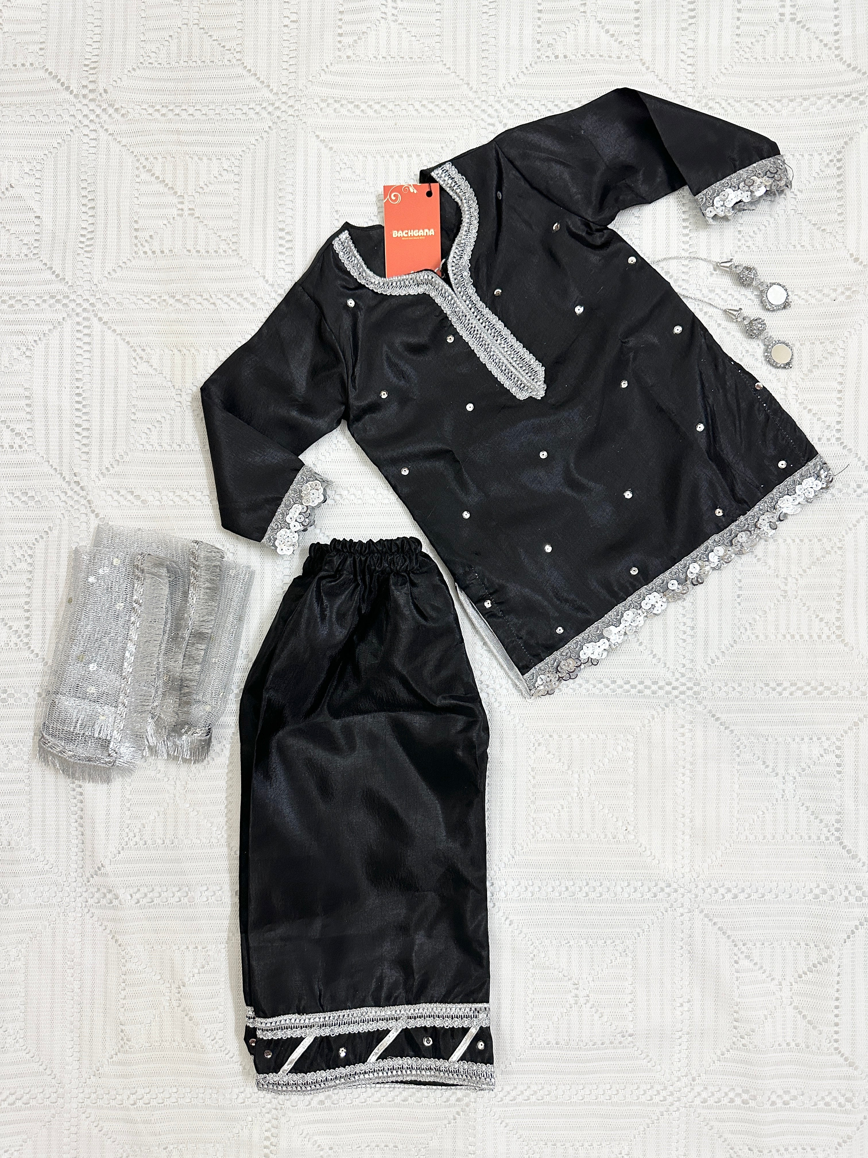 Black and Silver Silk Shirt with Trouser and Net Dupatta