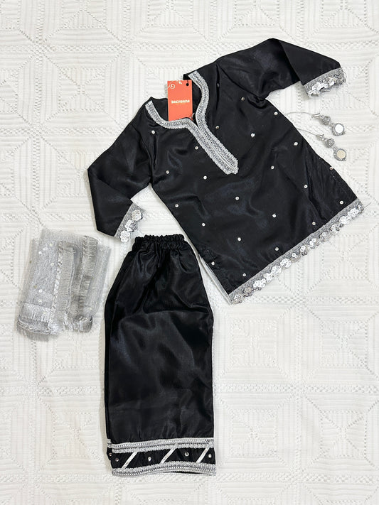 Black and Silver Silk Shirt with Trouser and Net Dupatta