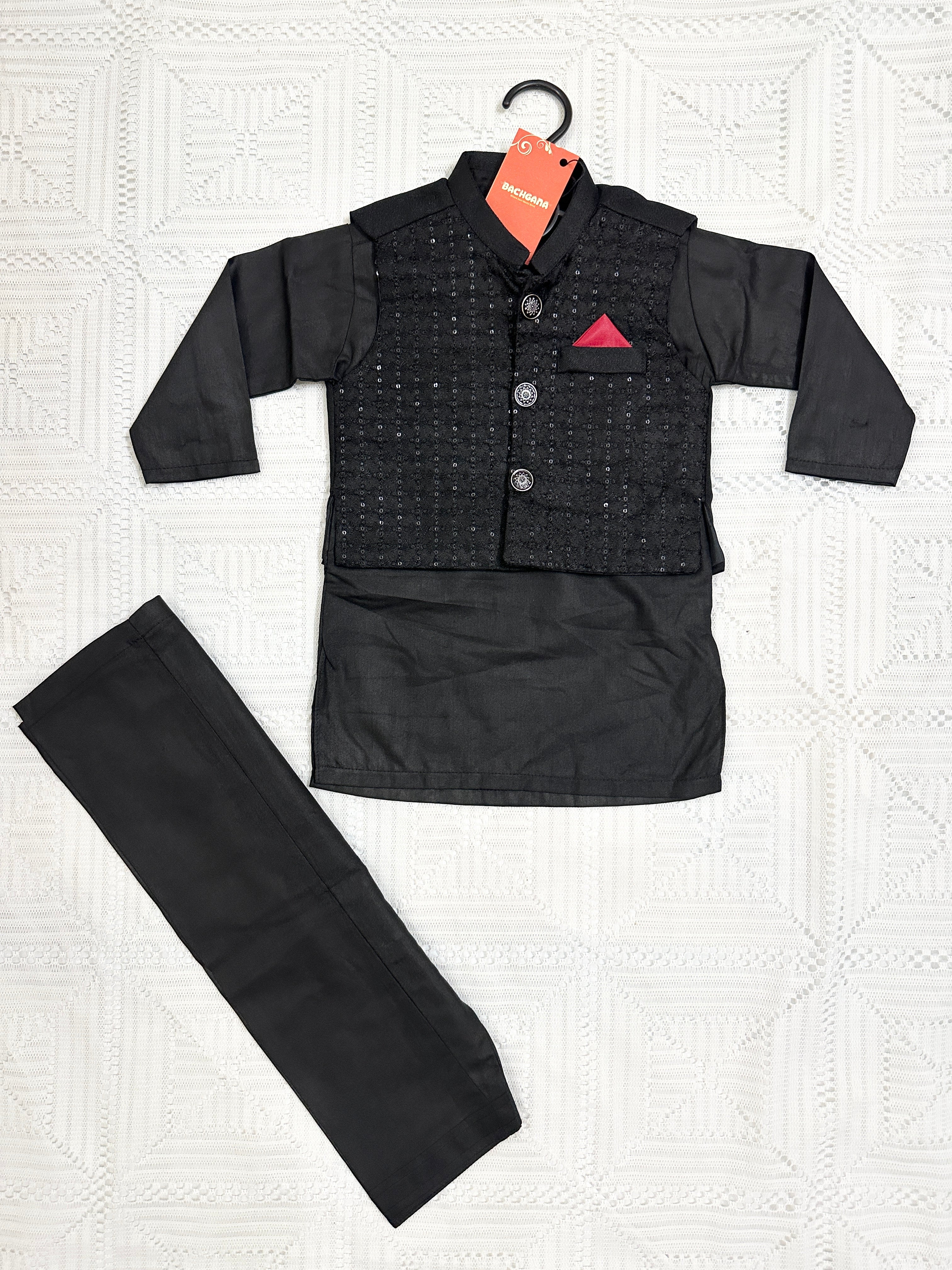 Black Kurta Shalwar with Fancy Waistcoat - New