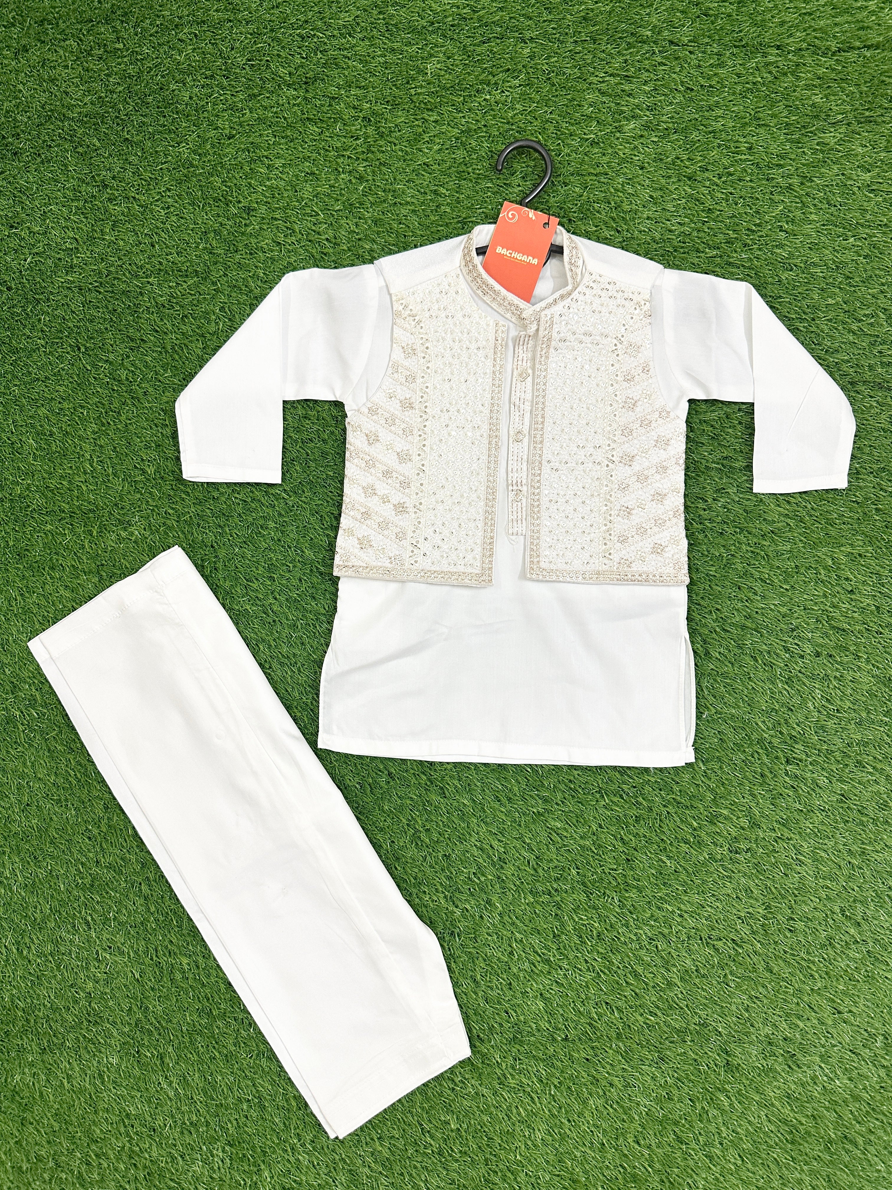 White Kurta Shalwar with Golden Embroidered Waistcoat