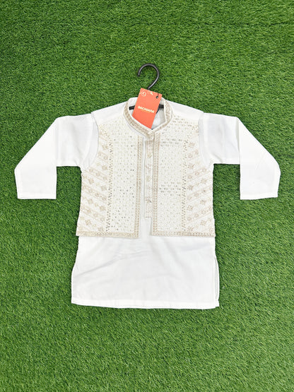 White Kurta Shalwar with Golden Embroidered Waistcoat