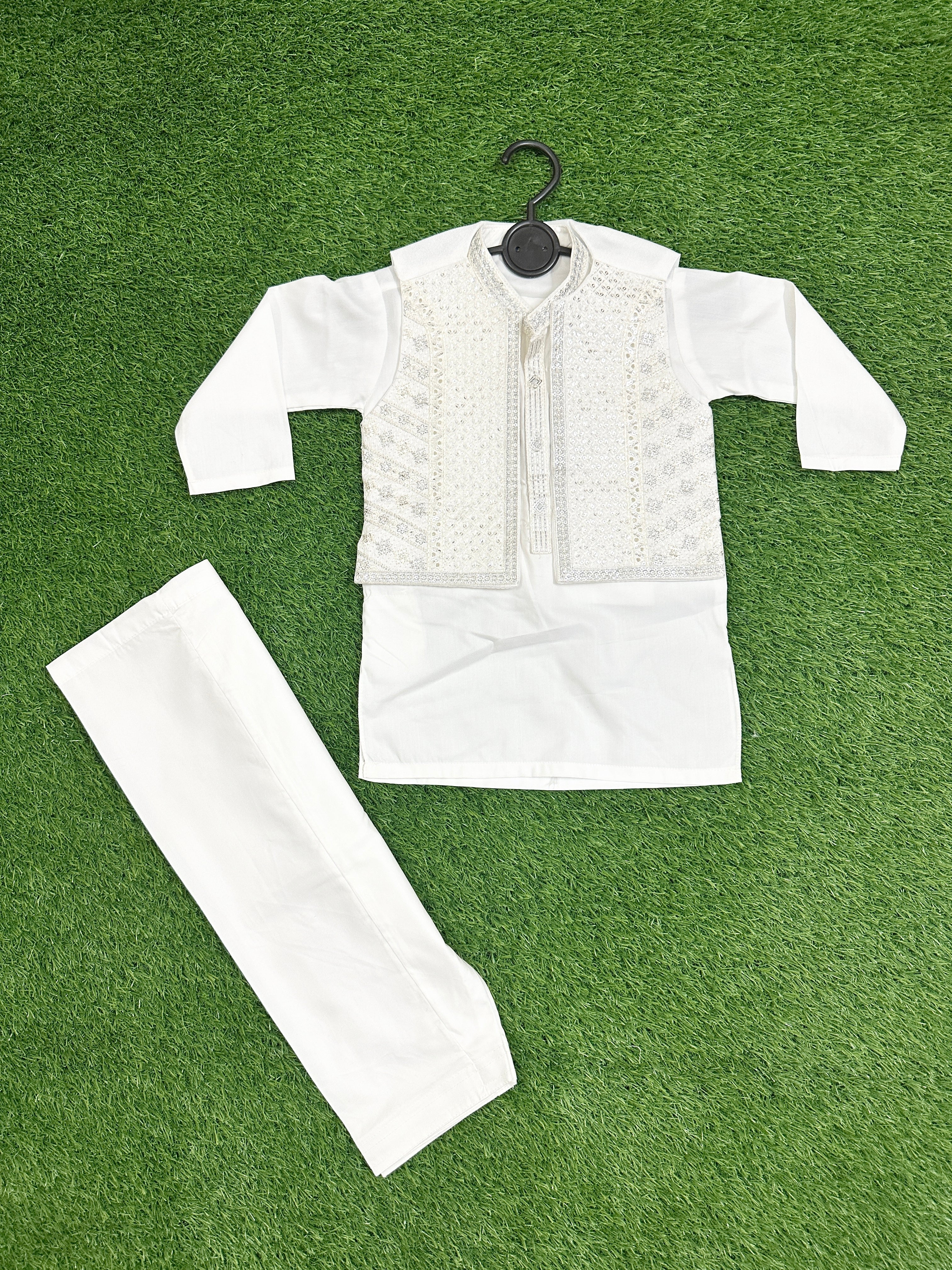 White Kurta Shalwar with Grey Embroidered Waistcoat