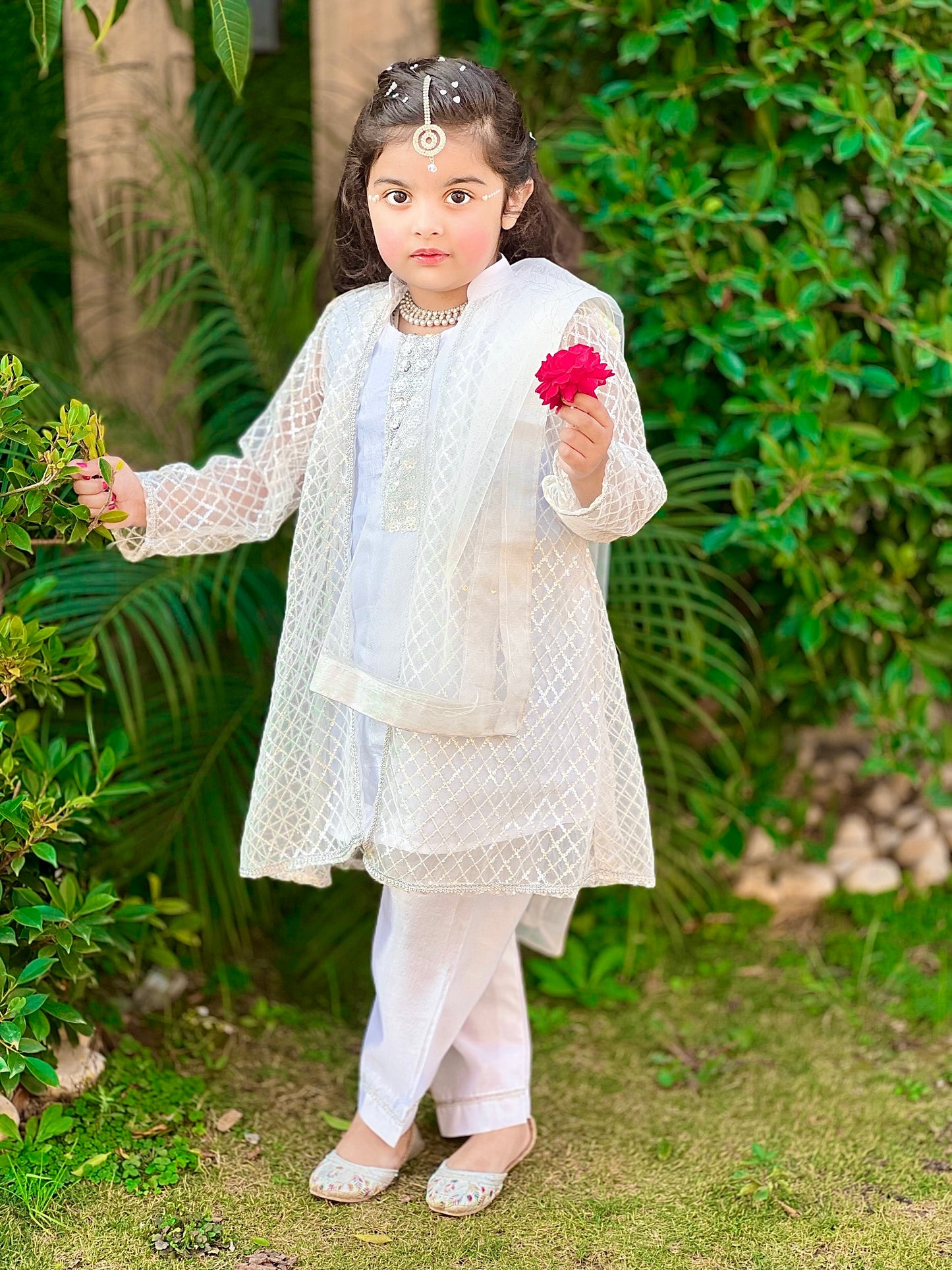 ✧ White Silver Net Sequin Gown with Silk Inner, Trouser & Net Dupatta