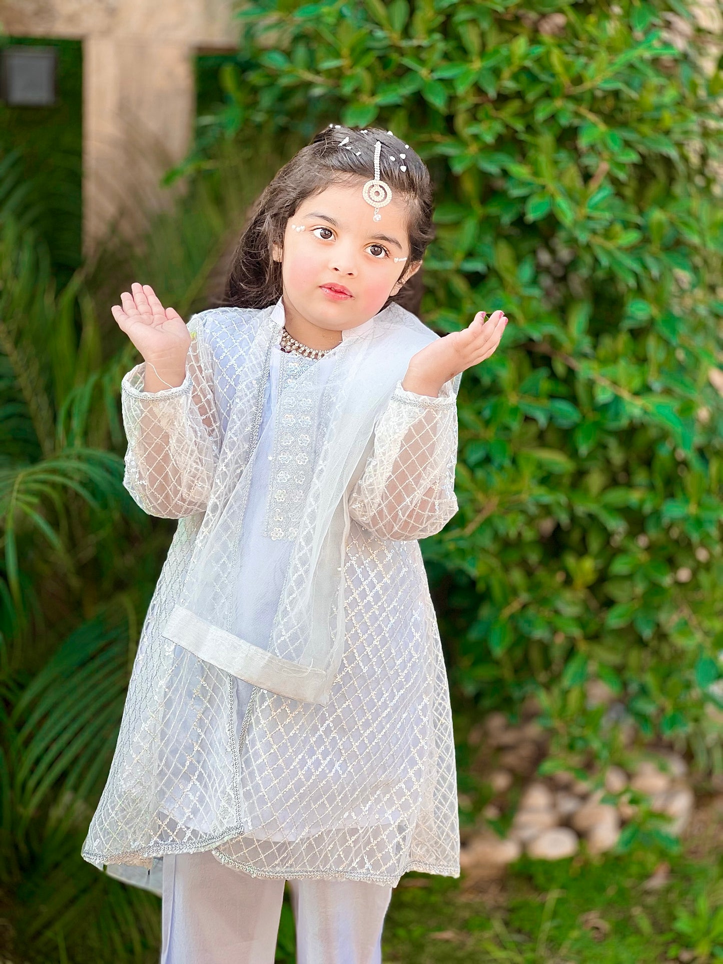 ✧ White Silver Net Sequin Gown with Silk Inner, Trouser & Net Dupatta