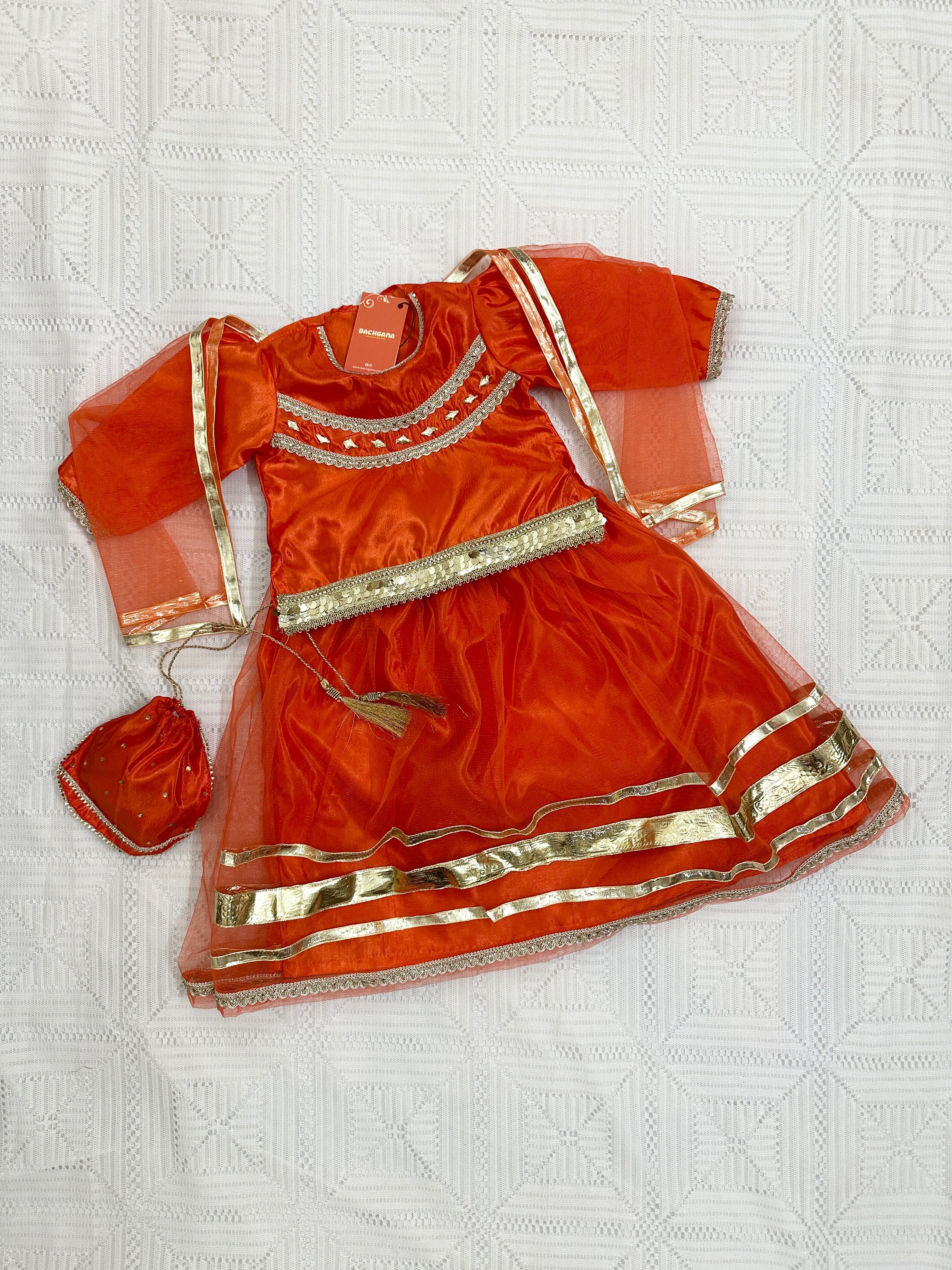 🧡 Orange Net Lehenga with Silk Choli, Net Dupatta and Silk Potli